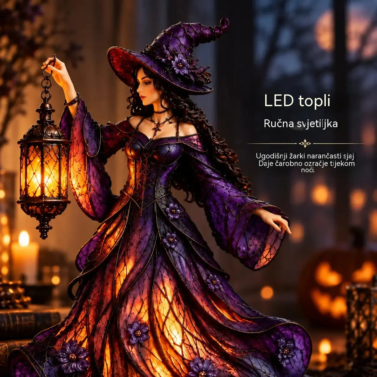 🧙‍♀️ Figurica vještice za Noć vještica u gotičkom stilu (s LED lampionom)