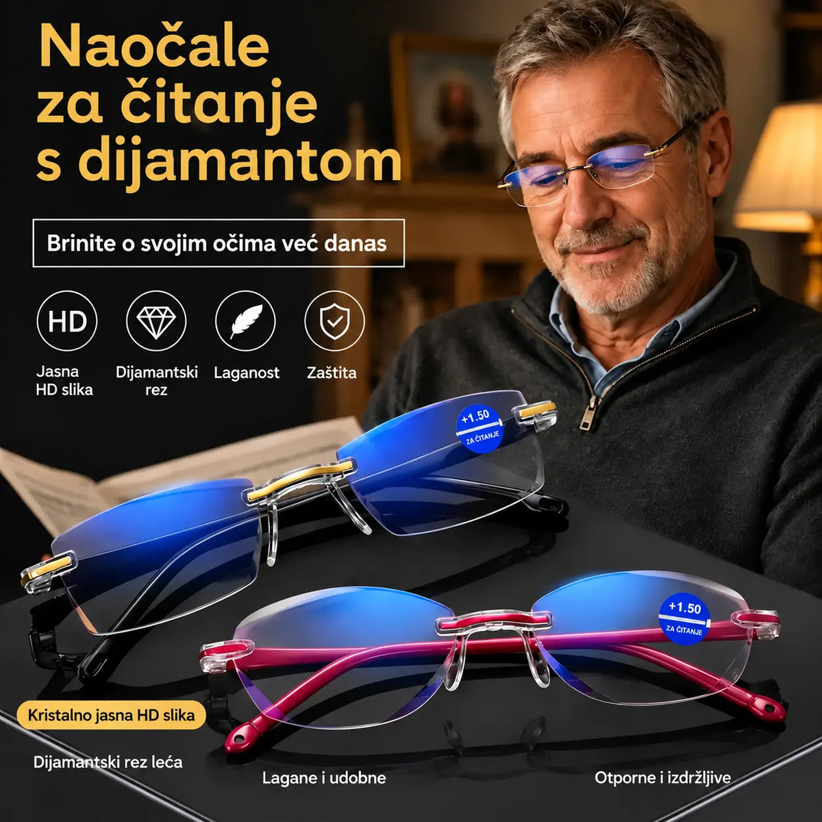 🧐👓️ Elegantne naočale za čitanje s filterom plavog svjetla, dizajn bez okvira za smanjenje naprezanja očiju i sprječavanje kratkovidnosti; pogodne za muškarce i žene