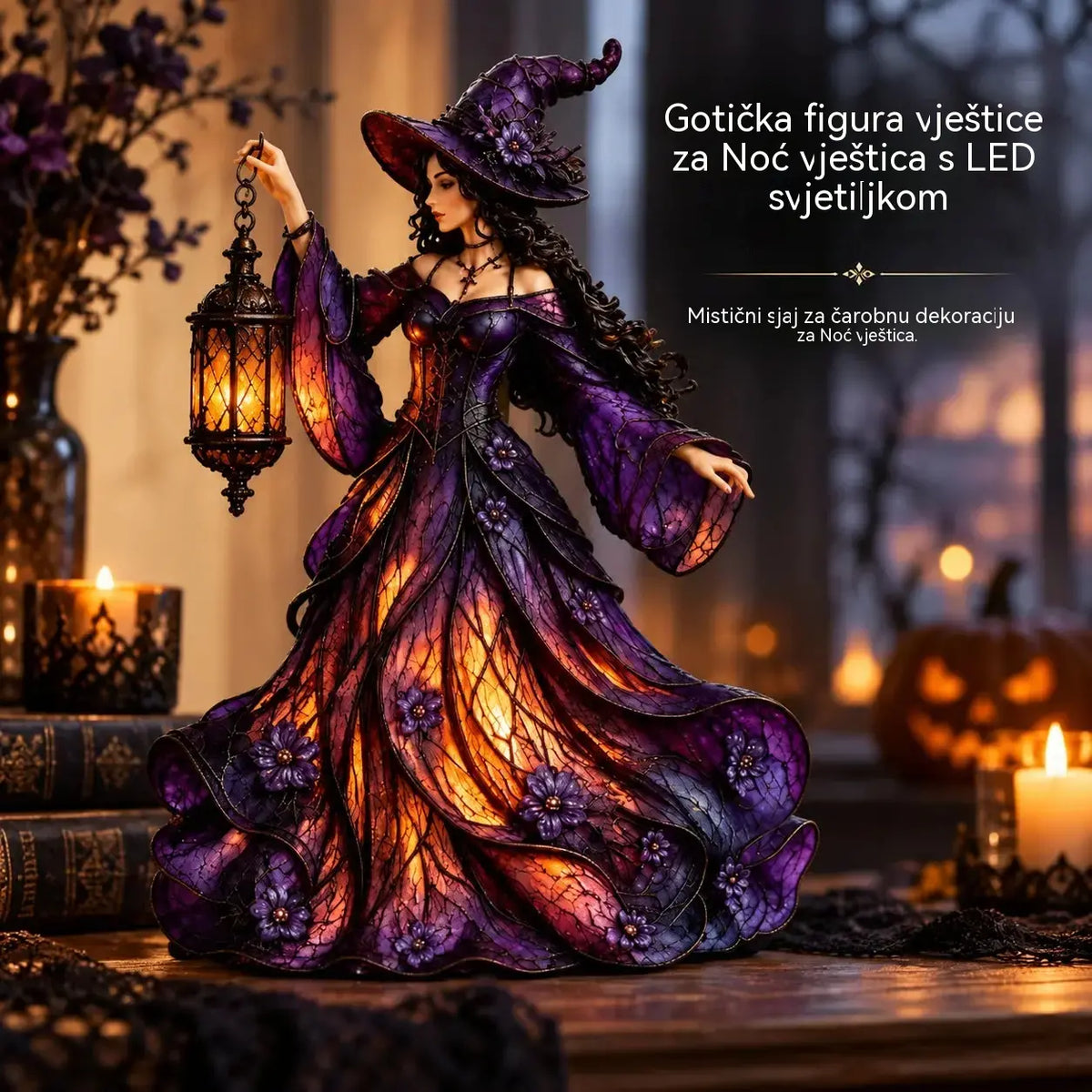 🧙‍♀️ Figurica vještice za Noć vještica u gotičkom stilu (s LED lampionom)
