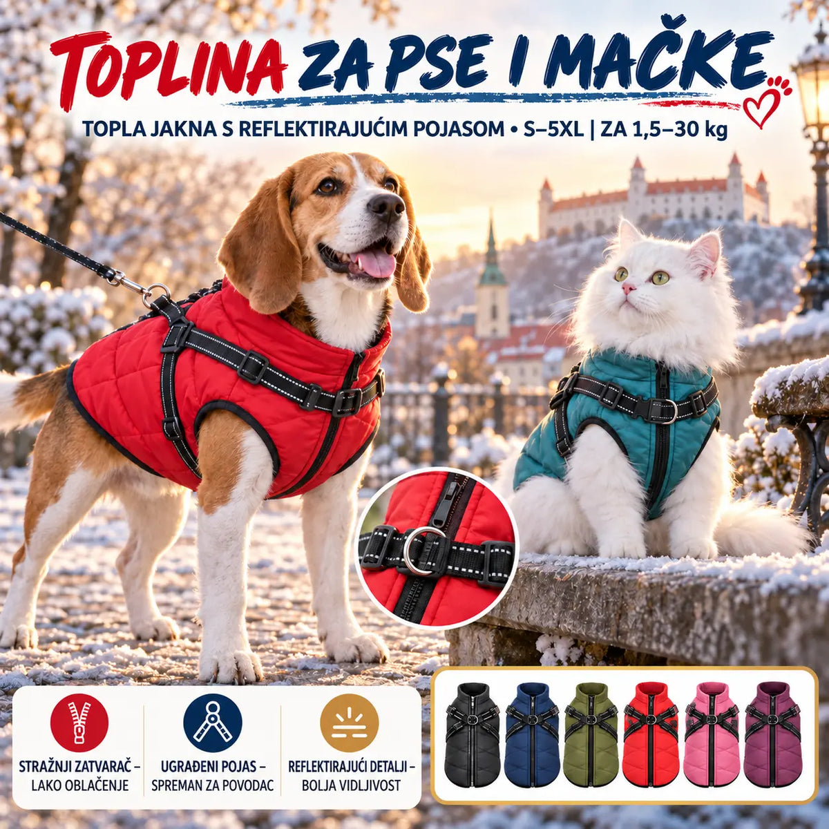 🐱🐶❄️ Topla podstavljena jakna za pse i mačke — vodoodbojna, s reflektirajućim elementima i ugrađenim pojasom, dostupna u veličinama S-5XL
