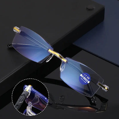 🧐👓️ Elegantne naočale za čitanje s filterom plavog svjetla, dizajn bez okvira za smanjenje naprezanja očiju i sprječavanje kratkovidnosti; pogodne za muškarce i žene