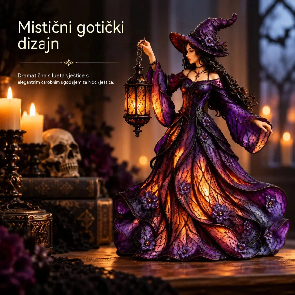🧙‍♀️ Figurica vještice za Noć vještica u gotičkom stilu (s LED lampionom)