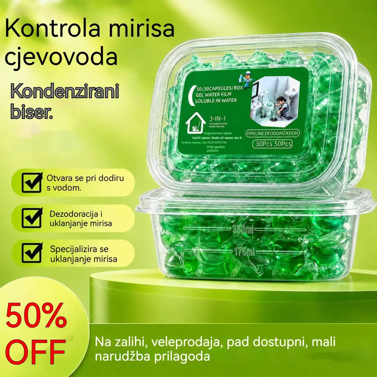 2 pakiranja (100 tableta) 👍Kapsule topljive u vodi za uklanjanje neugodnih mirisa iz odvoda - savršeno rješenje za sprječavanje širenja mirisa u kupaonicama i kuhinjama
